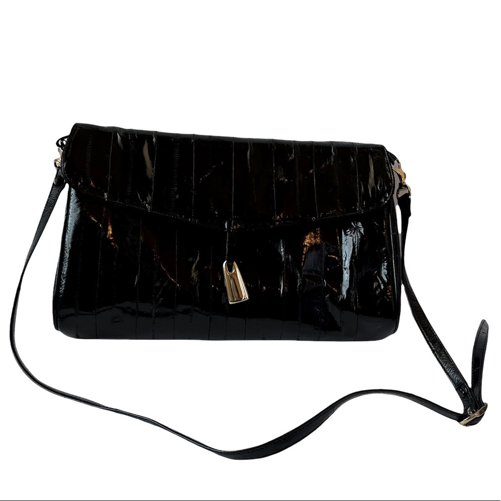Eel Skin Black Flap Over Bag With Gold Hardware